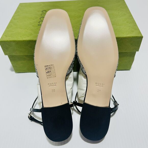 NIB Gucci Ballet Flat EU 38 US 8 Double G T-Strap Silver Glitter Shoes $920 - Picture 9 of 12